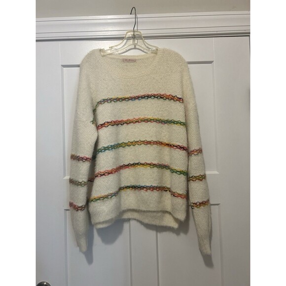 Ces Femme Fuzzy Cozy White Multi Colored Striped Sweater Oversized Size Large - Picture 1 of 5